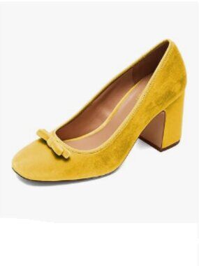 Pazzion Yellow Closed Toe Pump Velvet Double Bow Chunky High Heel Slip On Shoe